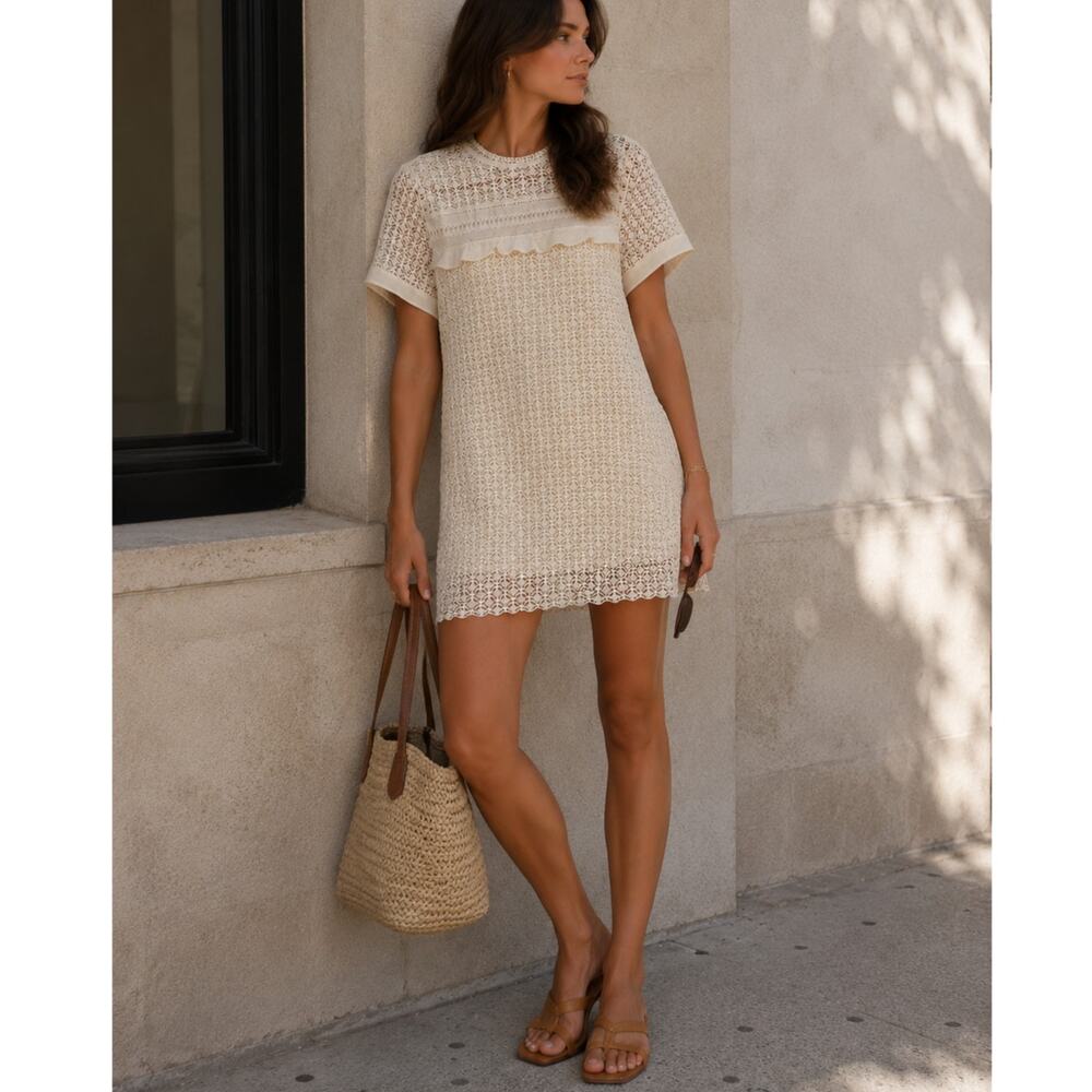 Ellison Cream Crochet Knit Mini Sheath Dress Womens M Eyelet Lace Beachy Boho